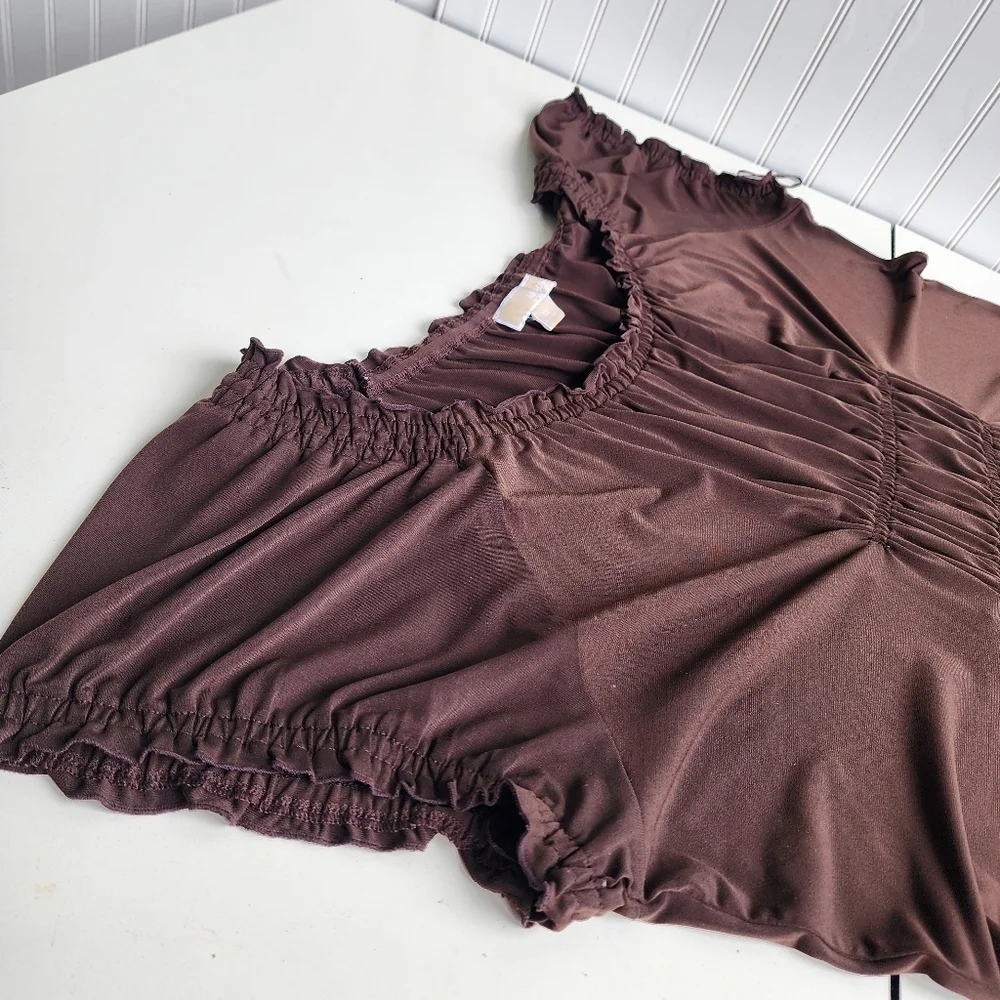 Michael Kors Womens Plus 3X Brown Stretch Blouse Short Sleeve Shirt Top Rutched